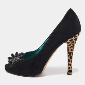 Pre Owned Giuseppe Zanotti Black Suede Crystal Embellished Peep Toe Platform Pumps Size 37.5