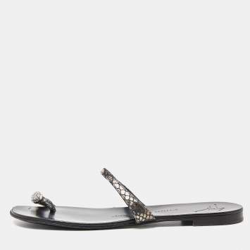 Pre Owned Giuseppe Zanotti Metallic Embossed Python Crystal Embellished Toe Ring Flats Size 38