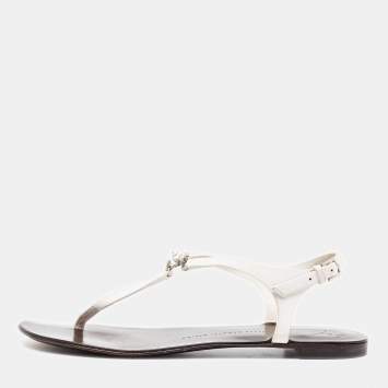 Pre Owned Giuseppe Zanotti White Leather Crystal Embellished Thong Flat Sandals Size 40.5