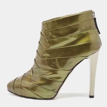 Pre Owned Giuseppe Zanotti Olive Green Patent Leather Ankle Booties Size 38