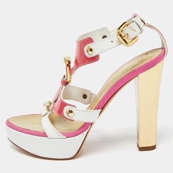 Pre Owned Giuseppe Zanotti Pink/White Patent and Leather Buckle Detail T-Bar Platform Sandals Size 38