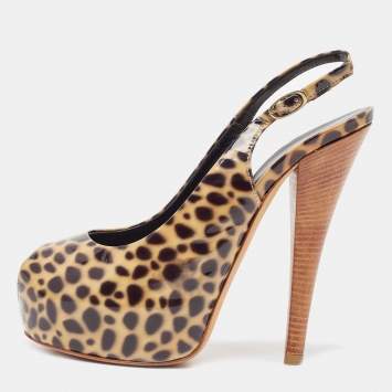 Pre Owned Giuseppe Zanotti Brown/Black Patent Leopard Print Slingback Pumps Size 37