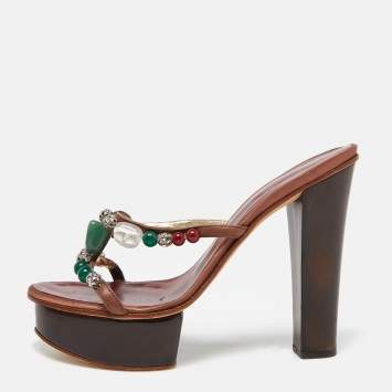 Pre Owned Guiseppe Zanotti Brown Leather Crystal Embellished Platform Slide Sandals Size 38