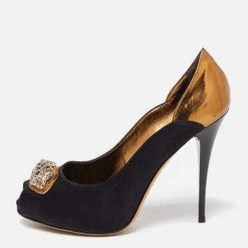Pre Owned Giuseppe Zanotti Black/Metallic Satin and Leather Crystal Embellished Peep Toe Pumps Size 37