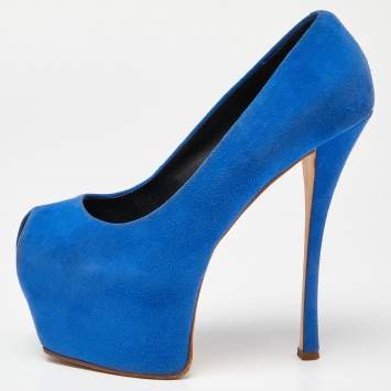 Pre Owned Giuseppe Zanotti Blue Suede Peep Toe Platform Pumps Size 37