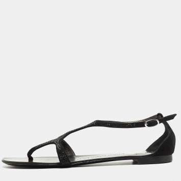 Pre Owned Giuseppe Zanotti Black Suede Crystal Embellished Flat Slides Size 39