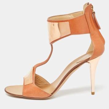 Pre Owned Giuseppe Zanotti Tan Leather Metal Detail T Strap Sandals Size 37
