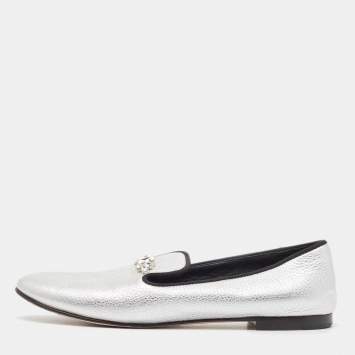 Pre Owned Giuseppe Zanotti Silver Leather Crystal Embellished Smoking Slippers Size 39 
