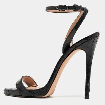 Pre Owned Giuseppe Zanotti Black Croc Embossed Leather Ankle Strap Sandals Size 38.5