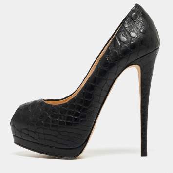 Pre Owned Giuseppe Zanotti Black Croc Embossed Leather Peep Toe Platform Pumps Size 37.5