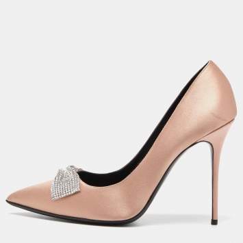 Pre Owned Giuseppe Zanotti Pink Satin and Leather Crystals Embellished Lucrezia Pumps Size 41
