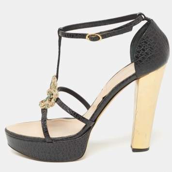Pre Owned Giuseppe Zanotti Black Croc Embossed Embellished Ankle Strap Sandals Size 39.5