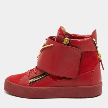 Pre Owned Giuseppe Zanotti Red Suede And Leather Double Zip High Top Sneakers Size 36