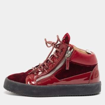 Pre Owned Giuseppe Zanotti Burgundy Velvet and Patent Frankie High Top Sneakers Size 37
