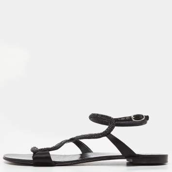 Pre Owned Giuseppe Zanotti Black Satin Crystal Embellished Flat Slides Size 41