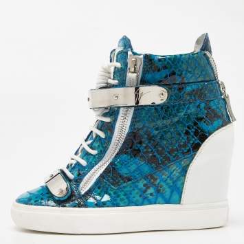 Pre Owned Giuseppe Zanotti Tricolor Embossed Python and Leather Coby Wedge Sneakers Size 37.5