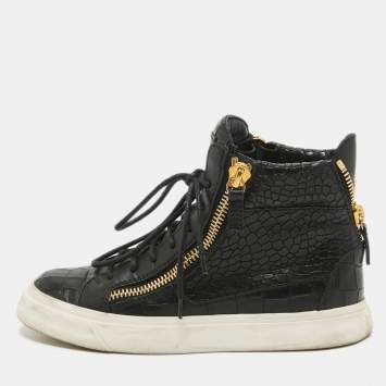 Pre Owned Giuseppe Zanotti Black Croc Embossed Leather High Top Sneakers Size 35.5