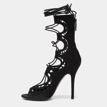 Pre Owned Giuseppe Zanotti Black Suede Cut Out Strappy High Peep Toe Sandals Size 37