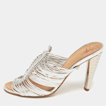 Pre Owned Giuseppe Zanotti Silver Leather Strappy Mules Size 35