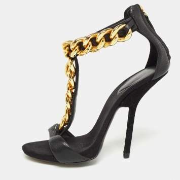 Pre Owned Giuseppe Zanotti Black Suede and Leather Chain Detail T Strap Sandals Size 37.5