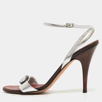 Pre Owned Giuseppe Zanotti Silver Leather Crystal Embellished Ankle Strap Sandals Size 40