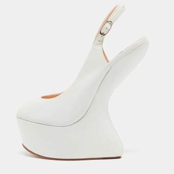 Pre Owned Giuseppe Zanotti White Leather Peep Toe Platform Heel Less Slingback Pumps Size 35