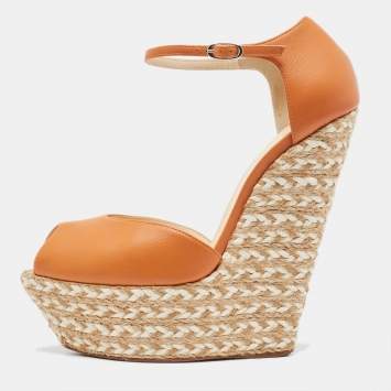 Pre Owned Giuseppe Zanotti Orange Leather Espadrille Wedge Ankle Strap Sandals Size 39