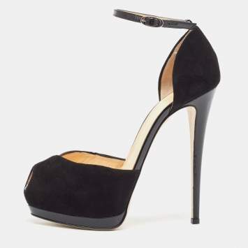 Pre Owned Giuseppe Zanotti Black Suede and Patent Peep Toe Ankle Strap Sandals Size 39