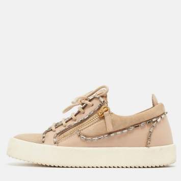 Pre Owned Gisueppe Zanotti Beige Nubuck and Leather Double Zip Low Top Sneakers Size 36