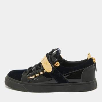 Pre Owned Giuseppe Zanotti Blue/Black Velvet And Patent Leather Double Zipper Low Top Sneakers Size 42