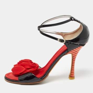 Pre Owned Giuseppe Zanotti Black/Red Patent Leather and Satin Rose Applique Sandals Size 37.5