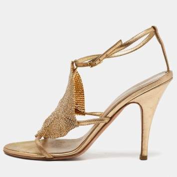 Pre Owned Giuseppe Zanotti Gold Leather Crystal Embellished Sandals Size 38.5