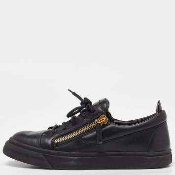 Pre Owned Giuseppe Zanotti Black Leather Double Zipper Low Top Sneakers Size 39