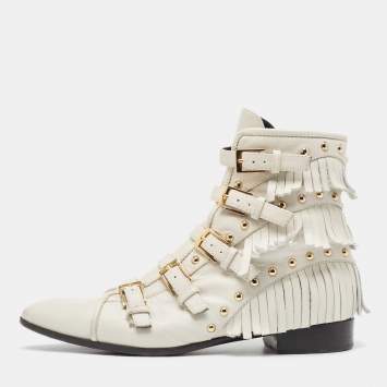 Pre Owned Giuseppe Zanotti Cream Leather Studded and Fringed Buckled Ankle Boots Size 39
