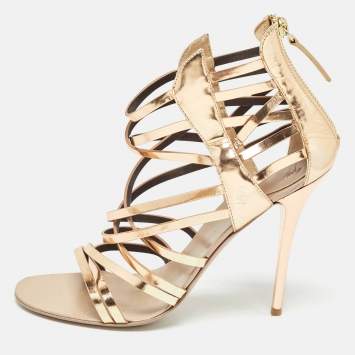 Pre Owned Giuseppe Zanotti Rose Gold Leather Caged Sandals Size 37.5