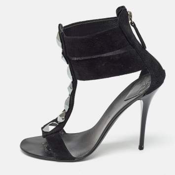Pre Owned Giuseppe Zanotti Black Suede Crystal Embellished T-Bar Ankle Strap Sandals Size 37.5