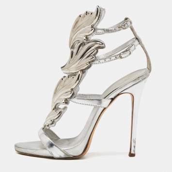 Pre Owned Giuseppe Zanotti Silver Foil Leather and Metal Cruel Ankle Strap Sandals Size 37