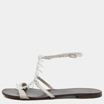 Pre Owned Giuseppe Zanotti White Leather Fishbone Ankle Strap Flat Sandals Size 38