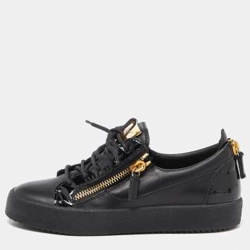 Pre Owned Giuseppe Zanotti Black Patent and Leather Frankie Low Top Sneakers Size 38.5