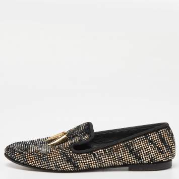 Pre Owned Giuseppe Zanotti Black Crystal Embellished Suede Shark Tooth Smoking Slippers Size 38.5