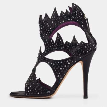 Pre Owned Giuseppe Zanotti Black Studded Satin Cut Out Sandals Size 39