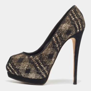 Pre Owned Giuseppe Zanotti Black/Gold Lace and Sequins Platform Peep Toe Pumps Size 37