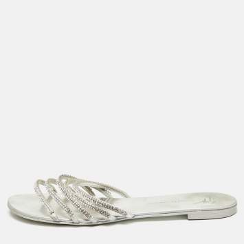 Pre Owned Giuseppe Zanotti Silver Crystal Embellished Leather Strappy Slides Size 41