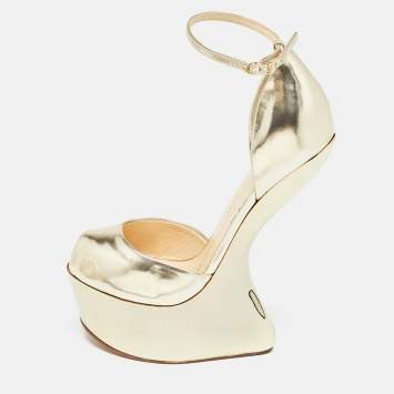 Pre Owned Giuseppe Zanotti Gold Leather Platform Ankle Strap Sandals Size 36