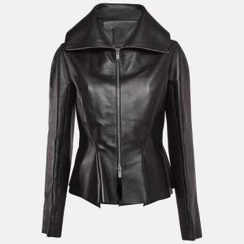 Pre Owned Givenchy Black Leather Peplum Zip Up Leather Jacket M