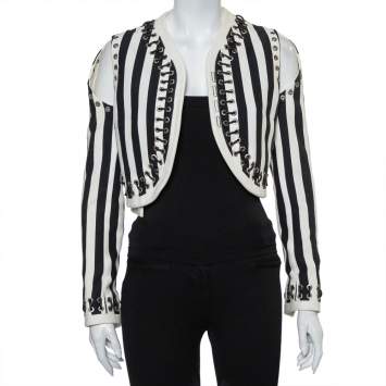 مملوكة مسبقًا Givenchy Monochrome Denim Cutout Sleeve Lace Tie Detail Cropped Jacket M