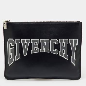 Pre Owned Givenchy Black Leather Logo Print Zip Pouch