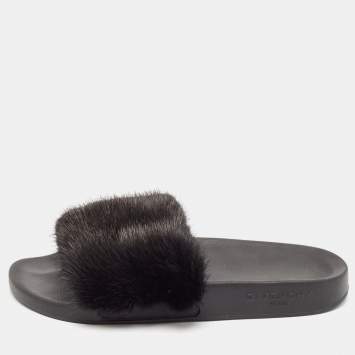 Pre Owned Givenchy Black Mink Fur Flat Slides Size 38
