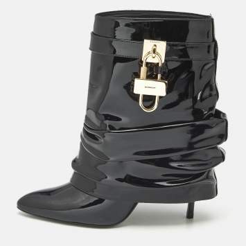 Pre Owned Givenchy Black Patent Leather Shark Lock Slouchy Ankle Length Boots Size 37