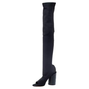 Pre Owned Givenchy Black Stretch Fabric Edgy Over The Knee Open Toe Boots Size 38.5